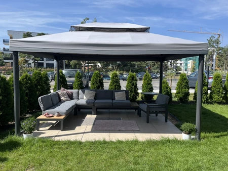 Tuinpaviljoen met muskietennet en gordijnen grijs Valencia 3x4m Garden Point
