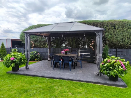 Paviljoen Milos 3x4m met gordijnen Garden Point grijs
