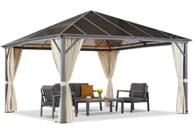 Milos tuinhuisje 4x4m met crèmekleurige gordijnen Tuinpunt