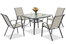 Modena metalen tuinmeubelen voor 4 personen met Garden Point vierkante tafel lichtgrijs